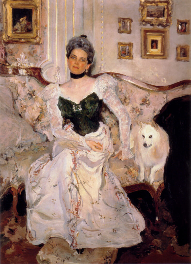 The eponymous Princess is casually seated on a chintz-covered couch, in a black and white silk taffeta evening gown, with her small white dog at her side. She faces the observer, her large blue eyes resting quizzically upon us, perhaps revealing a touch of resignation.